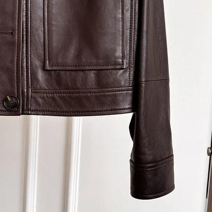 British Style Lapel Genuine Leather Jackets for Women Fashion Single-breasted Pockets Female Brown Casual Short Sheepskin Jacket