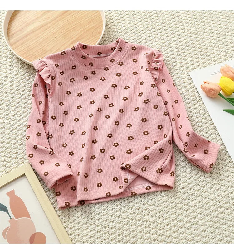 1pcs Autumn Winter Children's T-Shirts Baby Floral Print Tops Kids Round Neck Long Sleeve Base Shirt Girls Tshirts Clothes