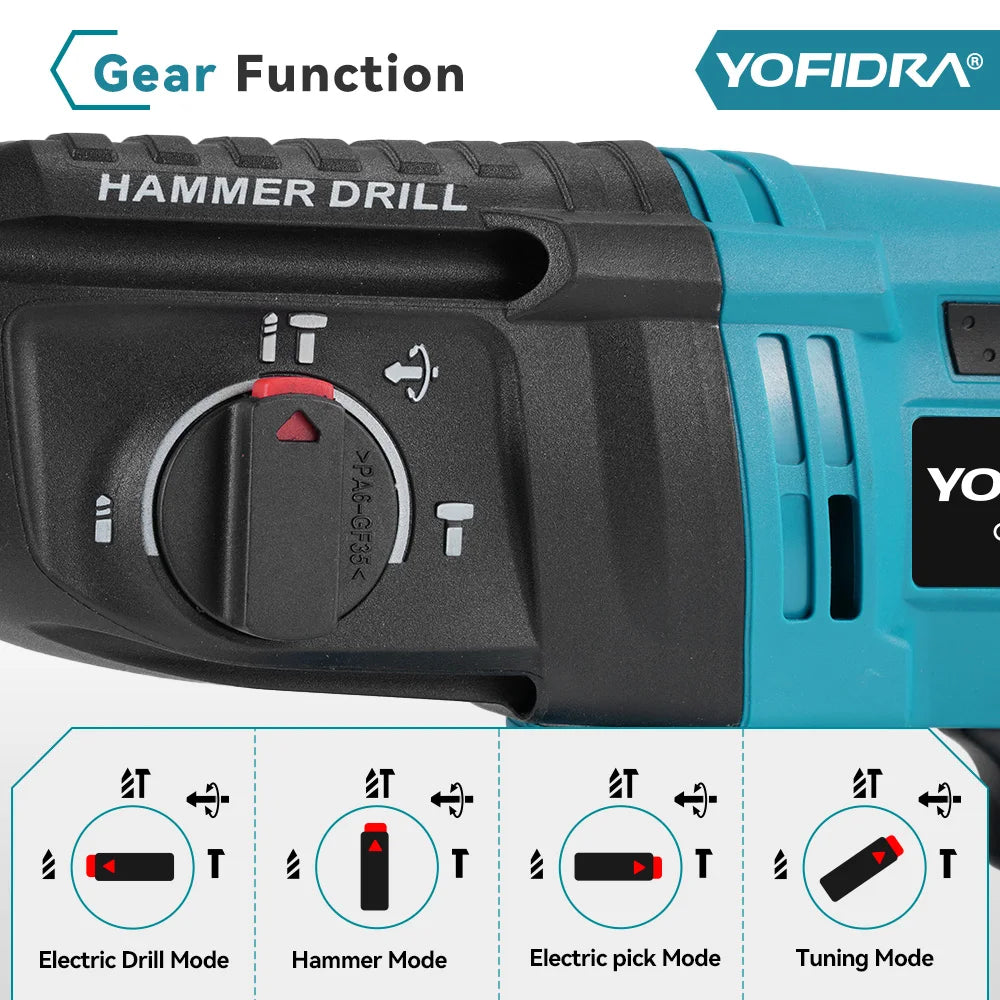 YOFIDRA 26mm Brushless Electric Rotary Hammer Cordless Multifunctional Impact Hammer Drill Power Tools For Makita 18-21V Battery Pin