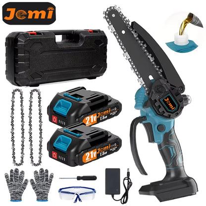Jemi Tool 6 inch Portable Cordless Rechargeable Electric Chain Saw with Two Batteries, Equipped with Automatic Lubricator and Safety Lock,Wood Cutter, Garden orchard Pruning Tool