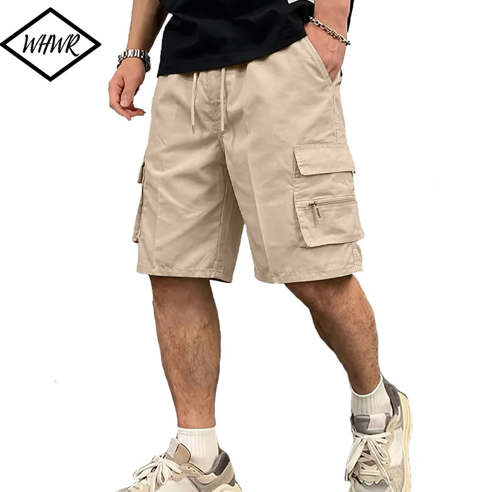 Men's Straight Cargo Shorts Lightweight Breathable Solid Color Drawstring Waist with Zipper Pockets Casual Summer Short Pants