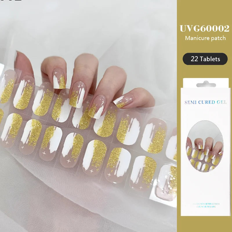 16/22 Tips Semi Cured Gel Nail Stickers for UV Lamp Designer Adhesive Nail Gel Wraps DIY Long-lasting  Nail Decoration