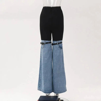 LGRQ Denim Patchwork Pants For Women Fashion New High Waist Contrast Color Belt Straight Pant Female 2026 Summer New 17A2013H