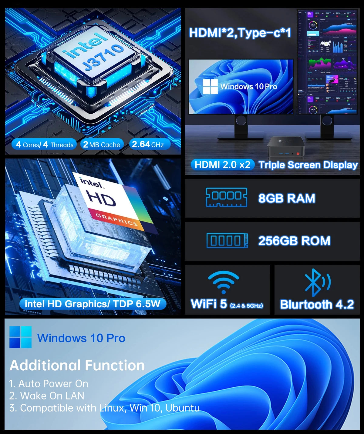 Mini PC MLLSE M2 Pro, processor Intel J3710, 8 GB RAM, ROM Go, Wi-Fi 5, BT 4.2, Windows 10 miniature desk computer