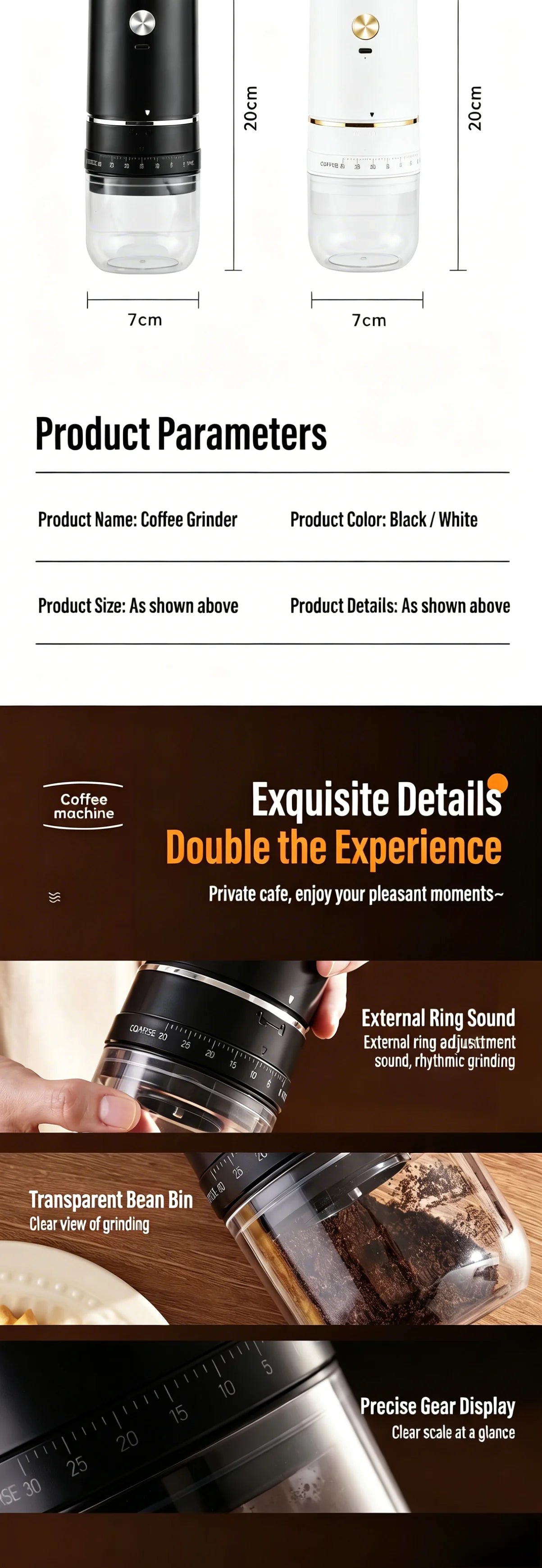 Portable Rechargeable Electric Coffee Grinder, External Adjustable Grind Mill for Espresso & Hand Pour Coffee