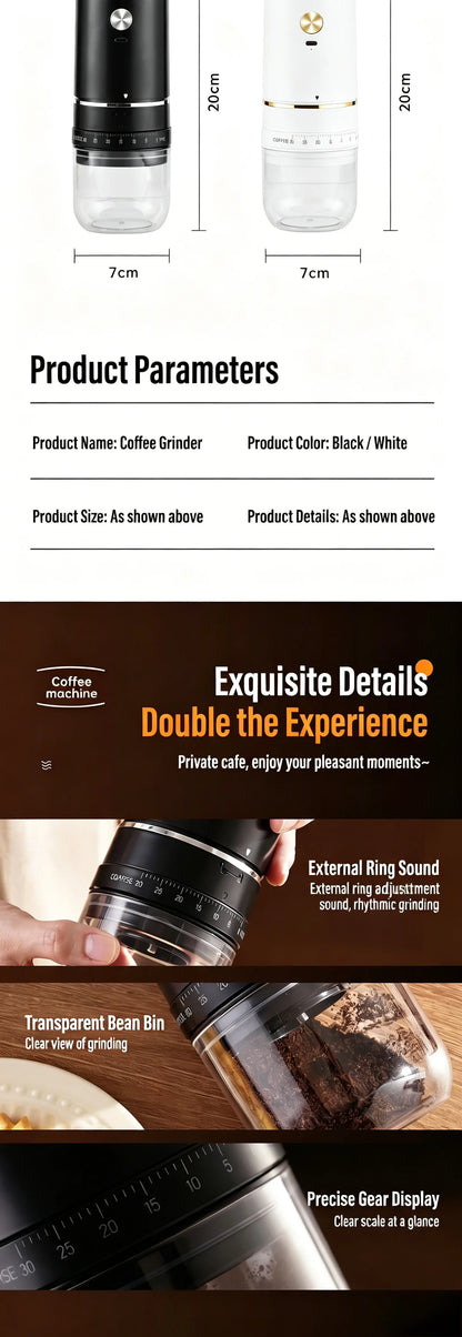 Portable Rechargeable Electric Coffee Grinder, External Adjustable Grind Mill for Espresso & Hand Pour Coffee