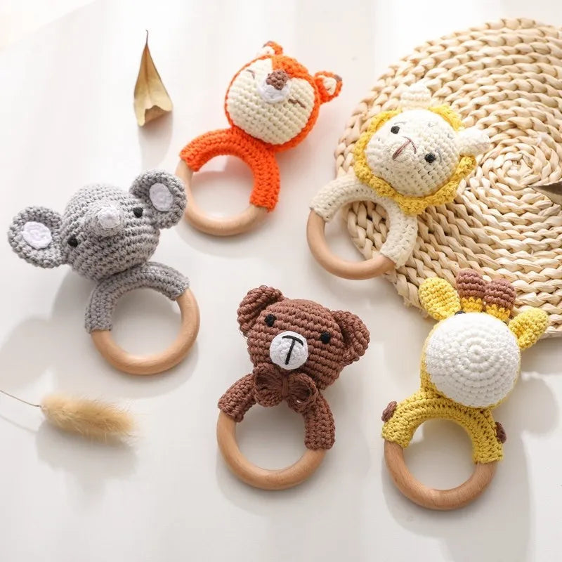 Baby Rattles Crochet Bunny Rattle Toy Wood Ring Baby Teether Rodent Baby Gym Mobile Rattles Newborn Educational Toys Gifts 1pc