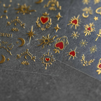 1pcs 3D Bronzing Gold Love Heart Nail Art Stickers Y2K Holographic Stars Sun Starlight DIY Nail Decals Heart Manicure Decoration