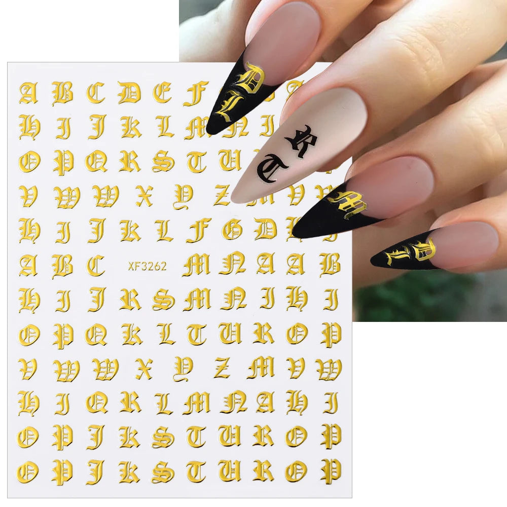 3D Glittery Gothic Letter Design Nail Art Stickers Uppercase Alphabet Letters Artistic Designs DIY Nail Art Decals Decoration #1