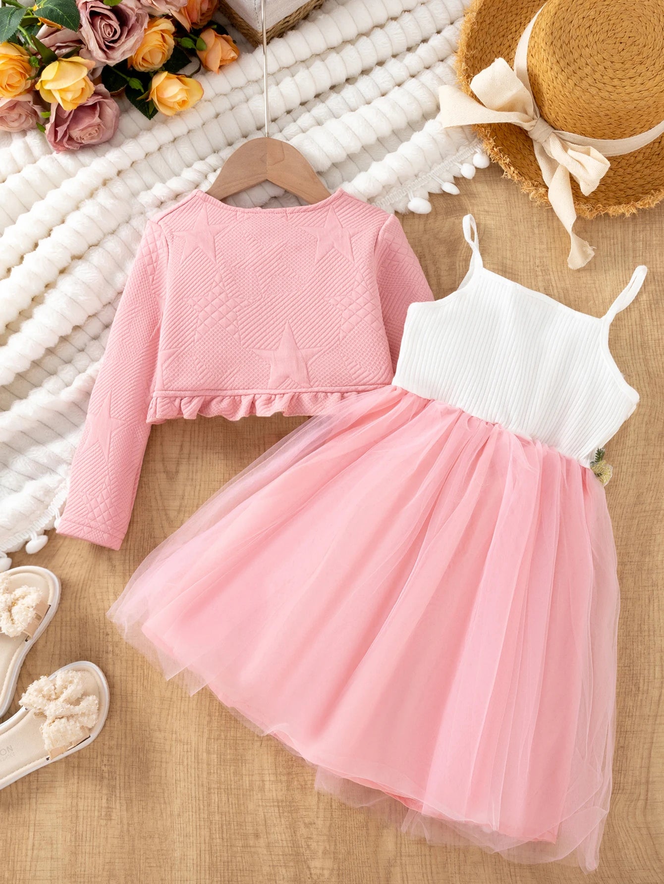 Autumn new waist flower suspender mesh dress+lace long sleeved jacket