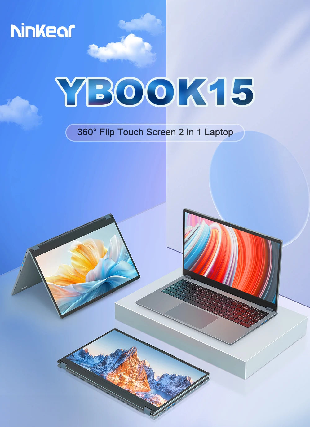 Ninkear YBOOK 15 Laptop 15.6 Inch 360° Flipable Touchscreen 16GB+512GB 2-in-1 Yoga Mode AMD Windows 11 Notebook 360° Flipable