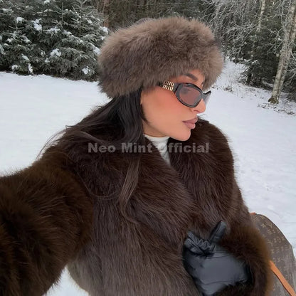 Neo Mint Chic Brand Fashion Brown Belted Faux Fur Coat Women 2025 Winter Thick Warm Long Fox Fur Jacket Girls Furry Overcoat