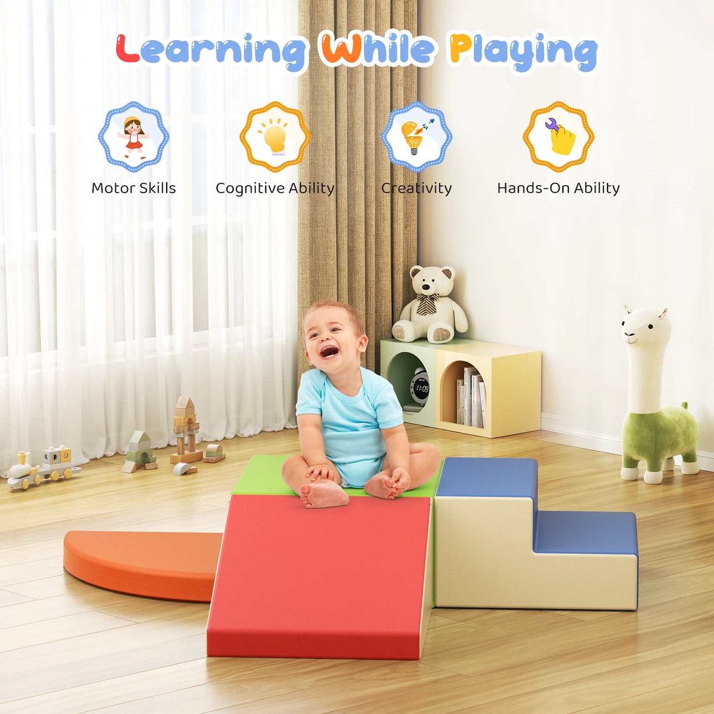 4 Pieces Toddlers Foam Climbing Blocks Leather Cover Kids Developmental Toy Play Gym Indoor Playground Birthday Christmas Gift