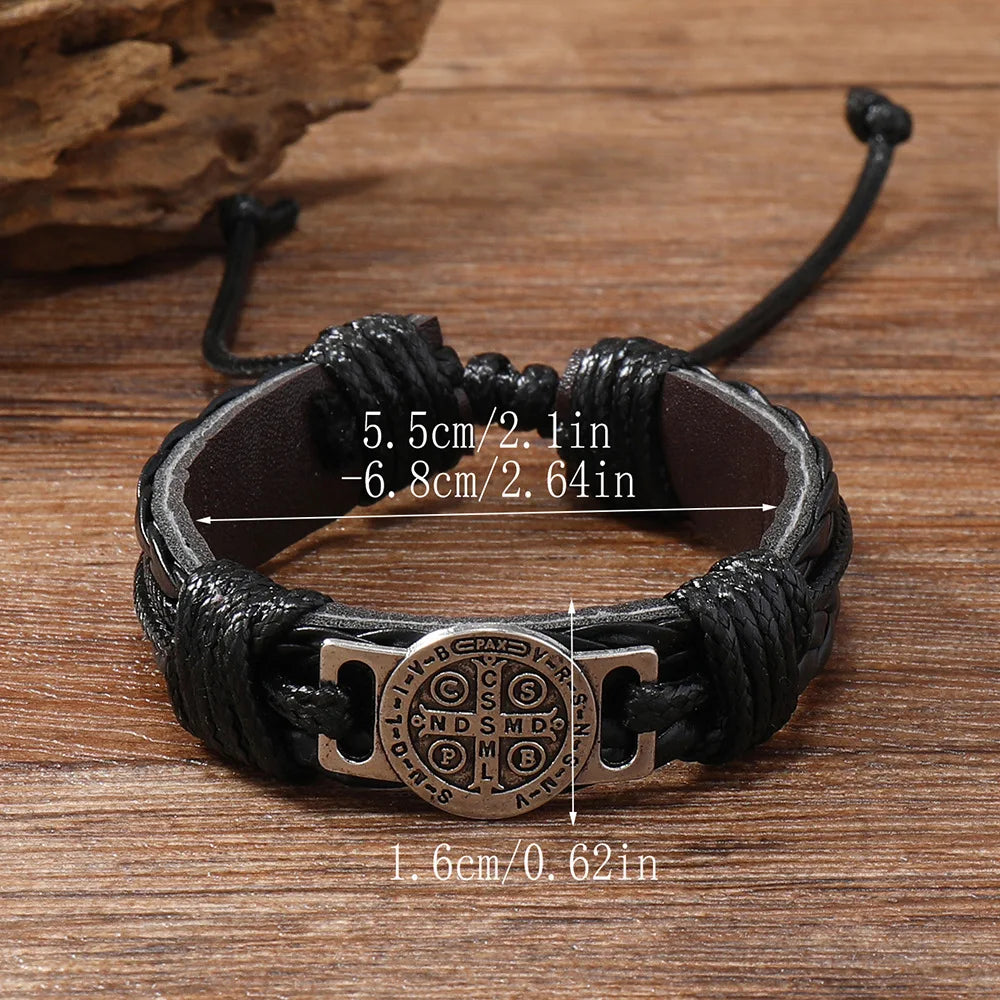 Vintage Handmade Braided Leather Bracelets For Men Myth Cross Scripture Retro Lace-Up Punk Style Leather Bracelet Accessory Gift