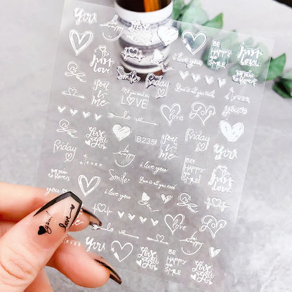 6Pcs/Pack Laser Gold Silver 3D Nail Art Stickers Love Heart Letter Image Nail Decoration Ins Style Sticker DIY Foils Accessories