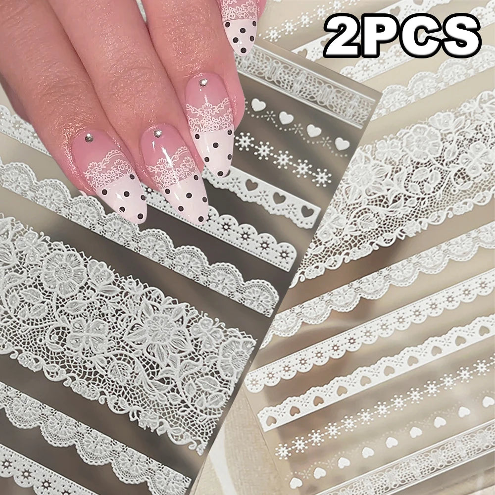 2pcs Y2K White Lace 5D Nail Art Stickers White Embossed Flowers Petals Elegant French Decals Wedding Nails Manicure Decorations*