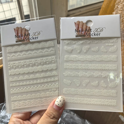 2pcs Y2K White Lace 5D Nail Art Stickers White Embossed Flowers Petals Elegant French Decals Wedding Nails Manicure Decorations*