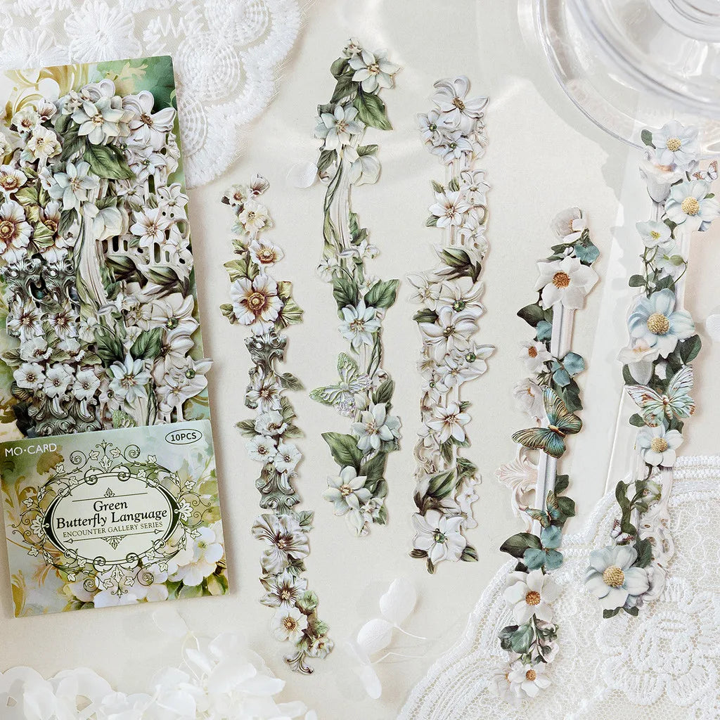 Journamm 10pcs Long Floral Stickers Hollow Relief Craft DIY Scrapbooking Collage Stationery Decor Junk Journal Frame Sticker