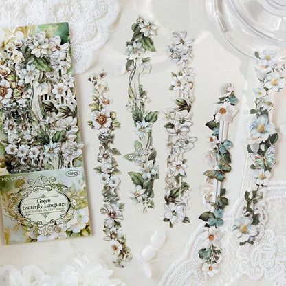 Journamm 10pcs Long Floral Stickers Hollow Relief Craft DIY Scrapbooking Collage Stationery Decor Junk Journal Frame Sticker