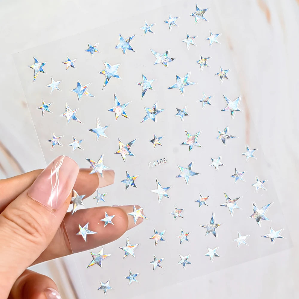 3D Bronzing Laser Silver Irregular Star Nail Decals Metallic Effect Silver Pentagram Nail Decals Adhesive Nail Art Star Stickers