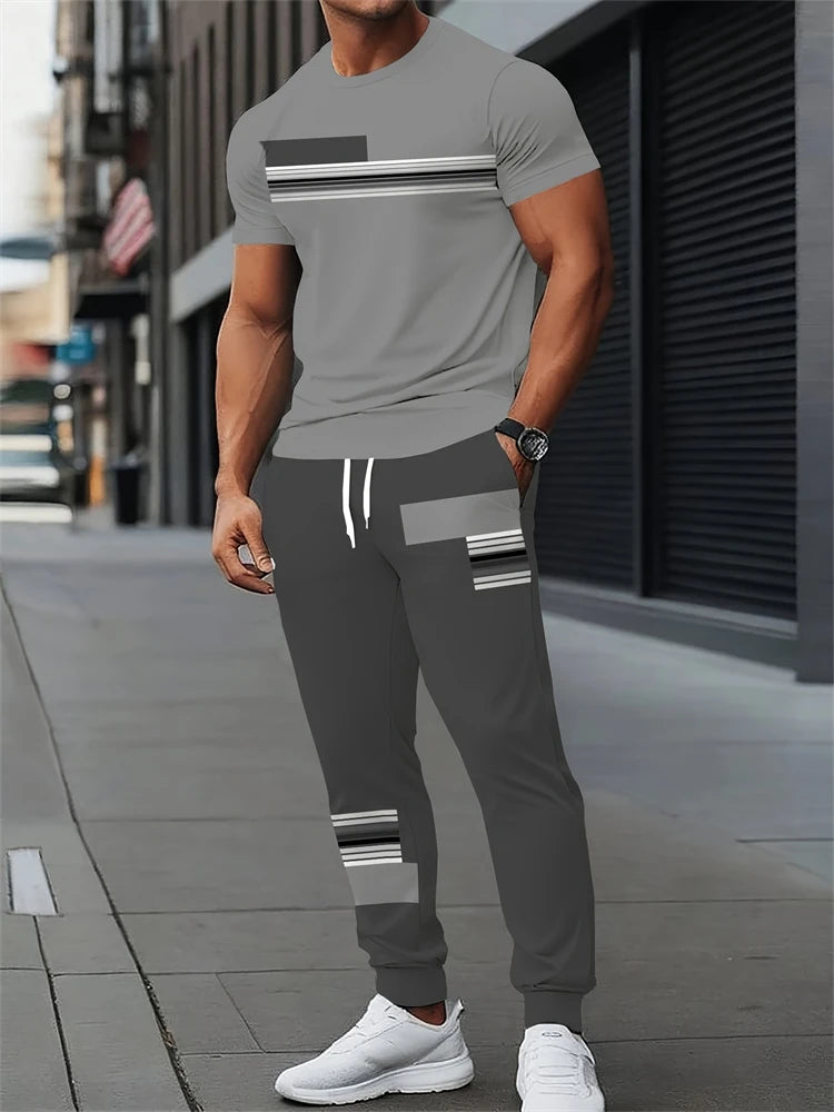 New Men's Letter Print Two-piece Set Outdoor Casual Round Neck Short Sleeve Drawstring Long Pants Plus Size Loose Fit Outfit