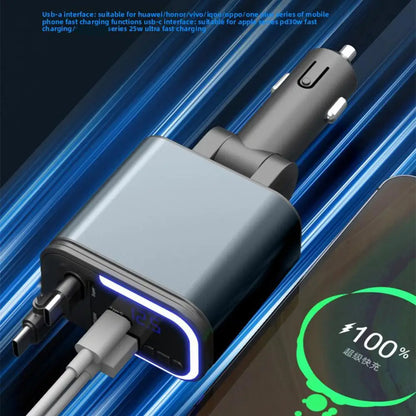 5 In 1 Retractable USB C Car Charger 180W Car Fast Charging Adapter With Atmosphere Lights For IPhone,iPad,Android