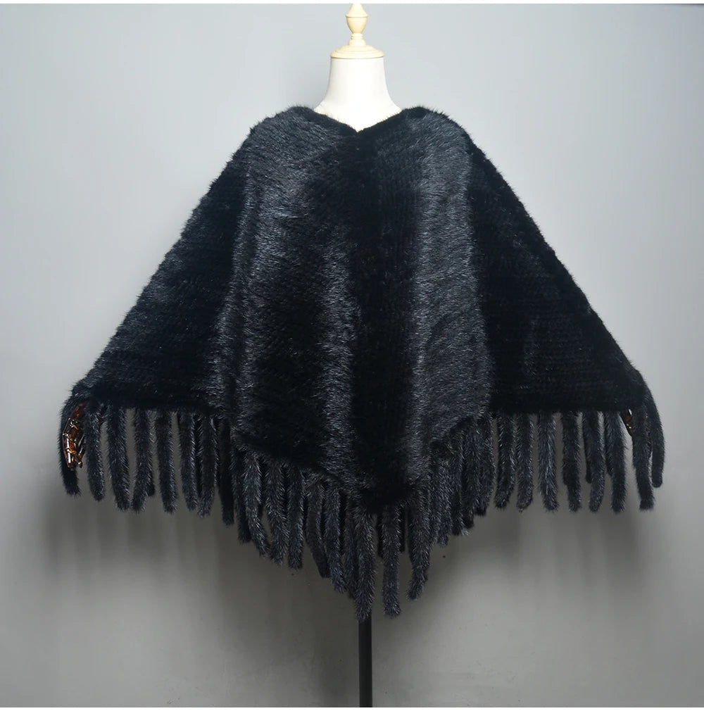 Fashion Women Fur Shawl Winter Knitted Real Mink Fur Stole With Fur Hood Knitted Mink Poncho Pashmina