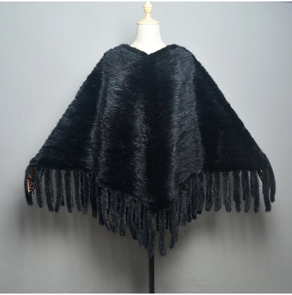 Fashion Women Fur Shawl Winter Knitted Real Mink Fur Stole With Fur Hood Knitted Mink Poncho Pashmina