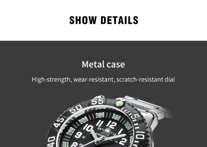 Addies Dive Men Fashion Casual Watch Calendar Display 50m Waterproof Tube Luminous Watch Black Dial Rotating Bezel Quartz Watch