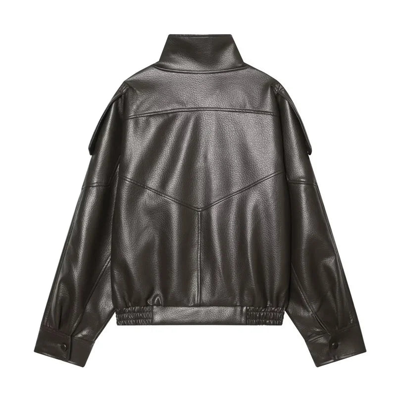 Women's Faux Leather Jacket 2025 New Fashion Autumn Black Long Sleeve Pebble Jacket Motorcycle Style Personality Ladies Jacket