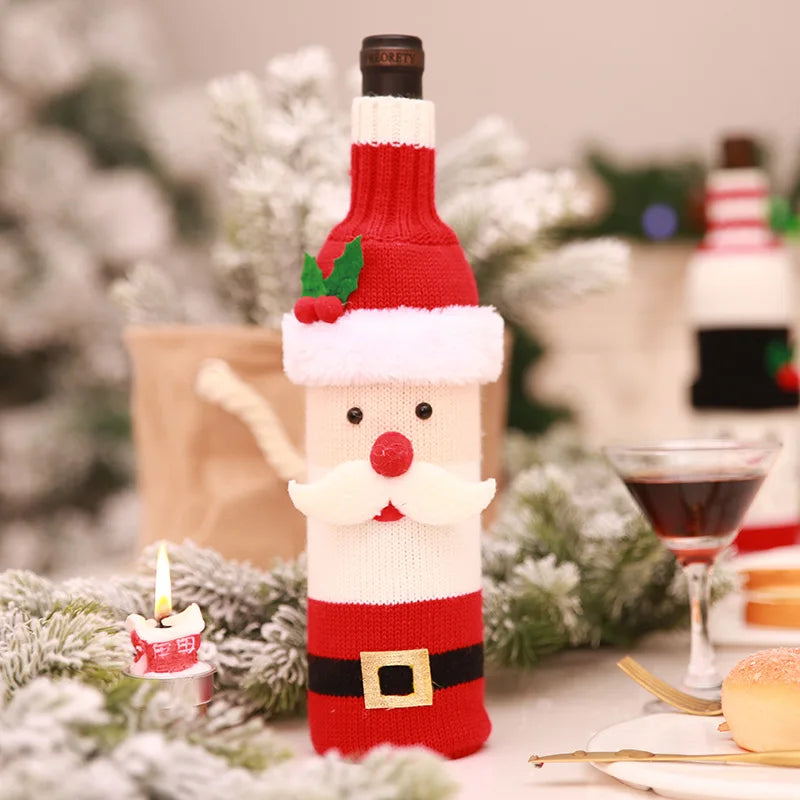 2024 Christmas Knitted Wool Red Wine Bottle Cover Ornament Table Dress Up Home Christmas Decor Hotel Restaurant Festivals Decor