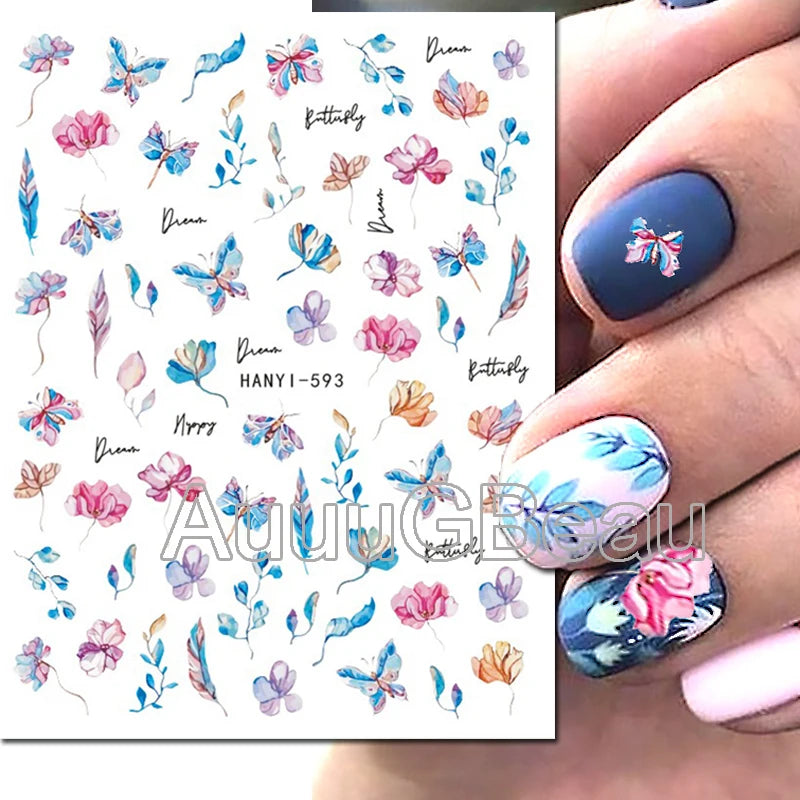 3d Nails Art Decals Spring Fruits Pink Full Tips Peony Magnolia Flowers Adhesive Sliders Stickers Decoration For Nails Manicure