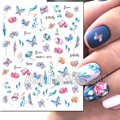 3d Nails Art Decals Spring Fruits Pink Full Tips Peony Magnolia Flowers Adhesive Sliders Stickers Decoration For Nails Manicure