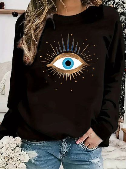 Women's autumn and winter casual fashion loose and comfortable warm eye pattern printed round neck long sleeved pullover