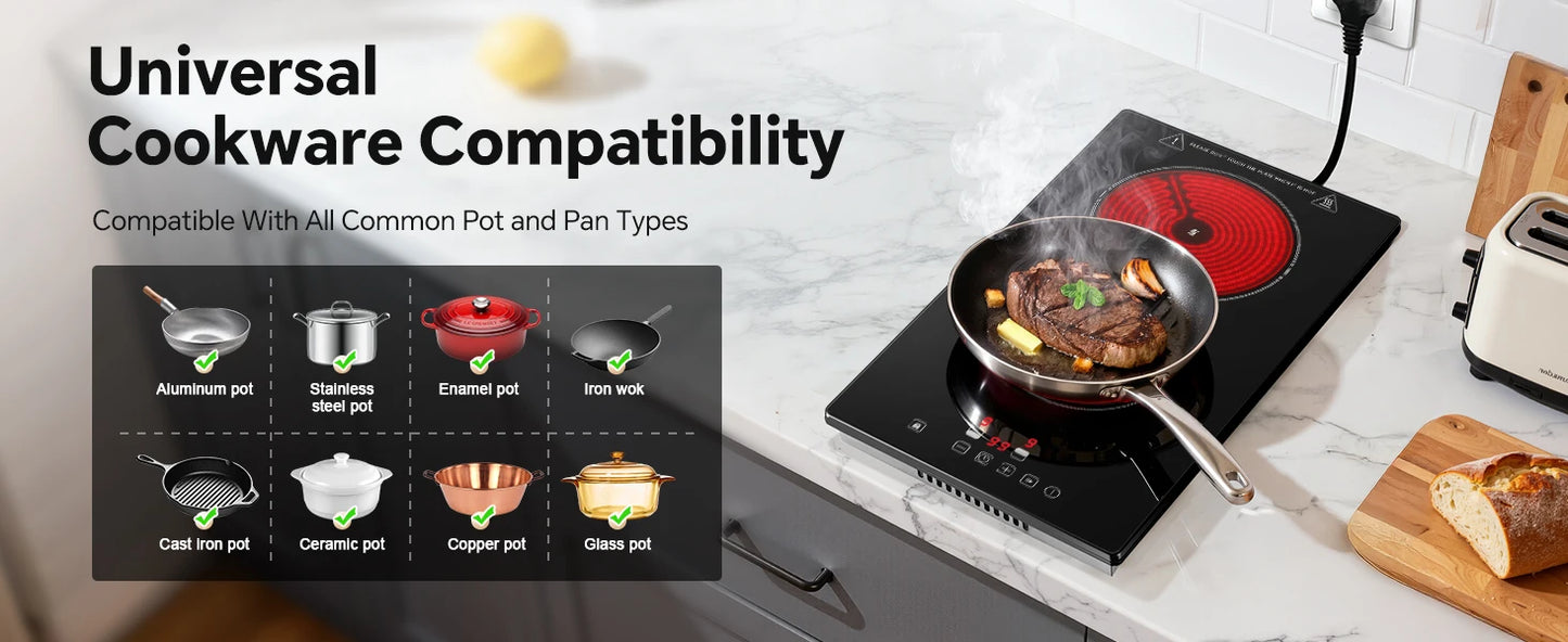 2-Zone Ceramic Hob, 3000W with Child Lock, 9 Heat Levels, 1-99min Timer, Black (CE Certified)