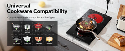 2-Zone Ceramic Hob, 3000W with Child Lock, 9 Heat Levels, 1-99min Timer, Black (CE Certified)