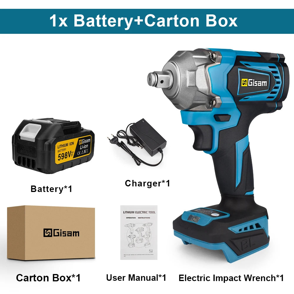 Gisam 1200N.M Torque Brushless Electric Impact Wrench 1/2 inch Cordless Wrench Screwdriver Power Tool for Makita 18V Battery Pin