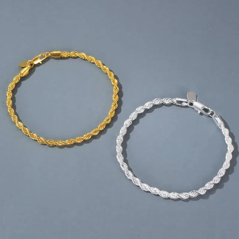 18K Gold 925 Sterling Silver 4MM Chain Bracelets For Men Women Unisex Simple Charm Bracelet Wedding Party Gift 20cm 8in