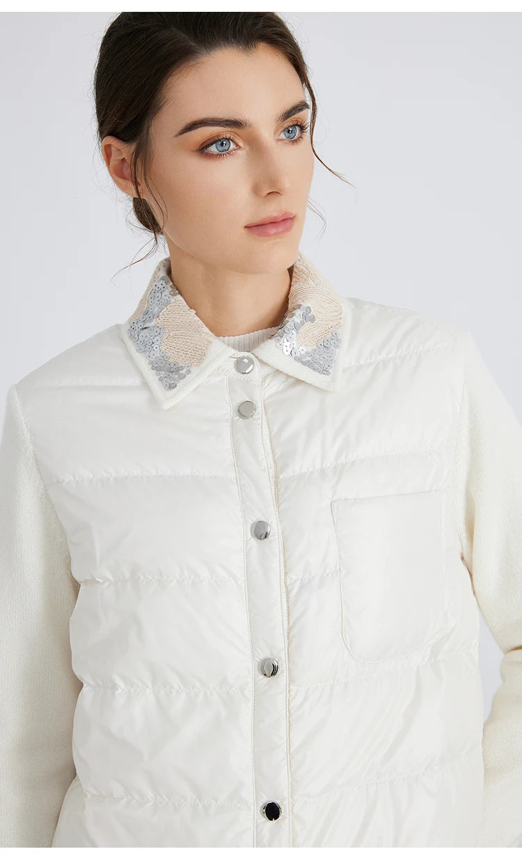 BC911 Polo Collar Spliced 100% Cashmere Long Sleeve Single Breasted White Goose Down Jacket for Women