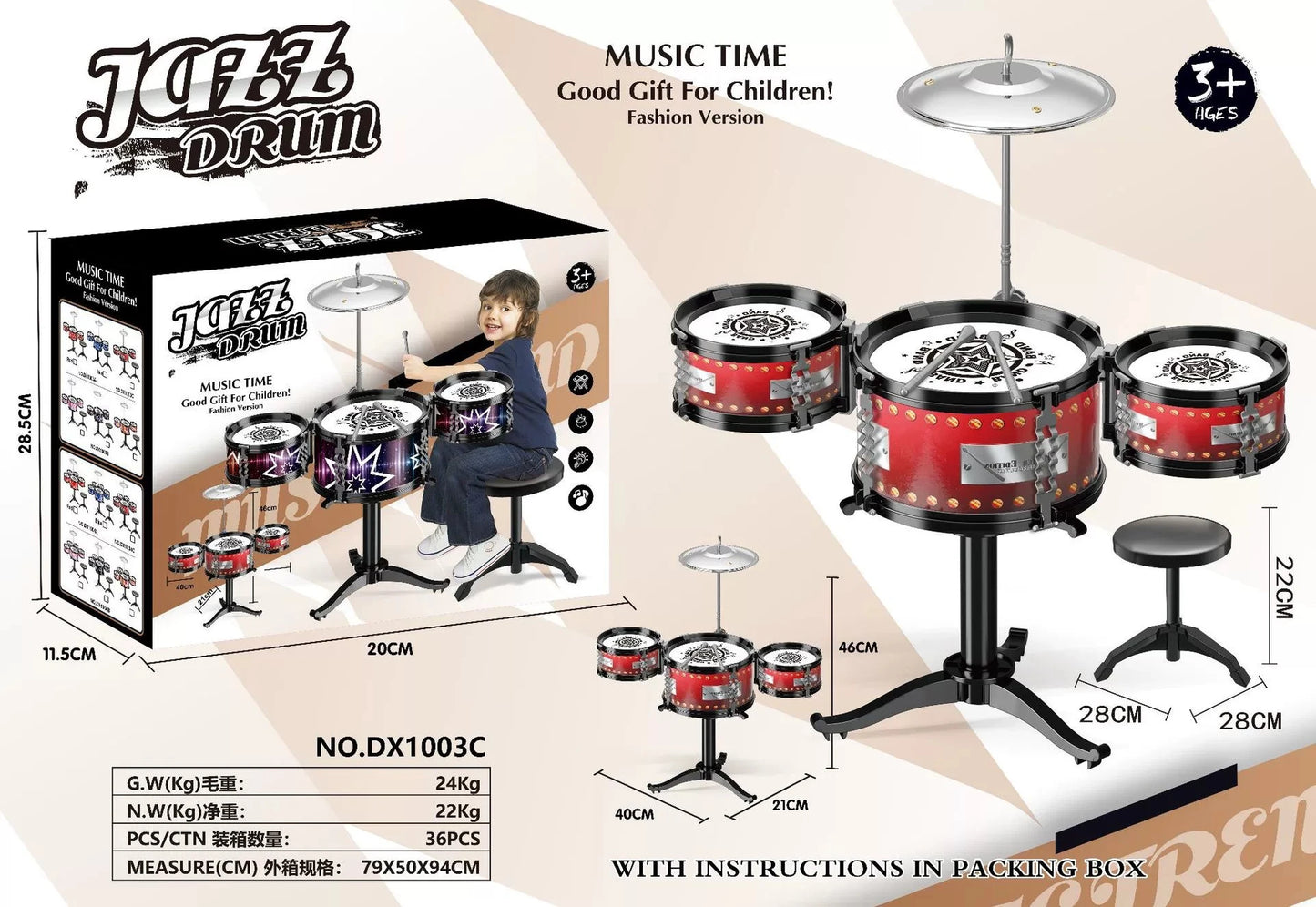 Toddler Drum Set Kids Jazz Drum Kit Educational Percussion Musical Instruments Toy Playset Christmas Birthday Gift for Boys Girl
