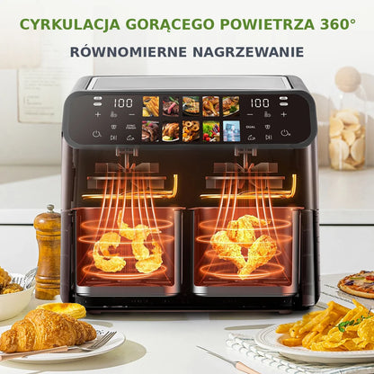 Hot Air Fryer 9L Dual Basket Electric Oilless Cooker Oven with Touch Control,10-In-1 Multifunction,Visible Window,Family Size