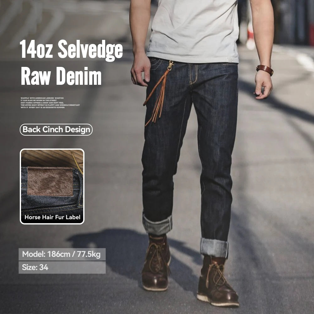 Maden Vintage Raw Denim Jeans for Men 14.8 OZ Jeans Denim Washed Straight Tapered Fit Pants Mid Waist Casual Trousers