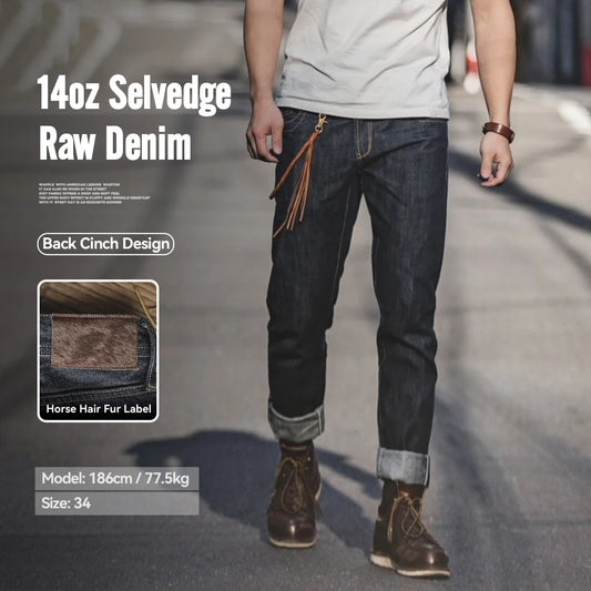 Maden Vintage Raw Denim Jeans for Men 14.8 OZ Jeans Denim Washed Straight Tapered Fit Pants Mid Waist Casual Trousers