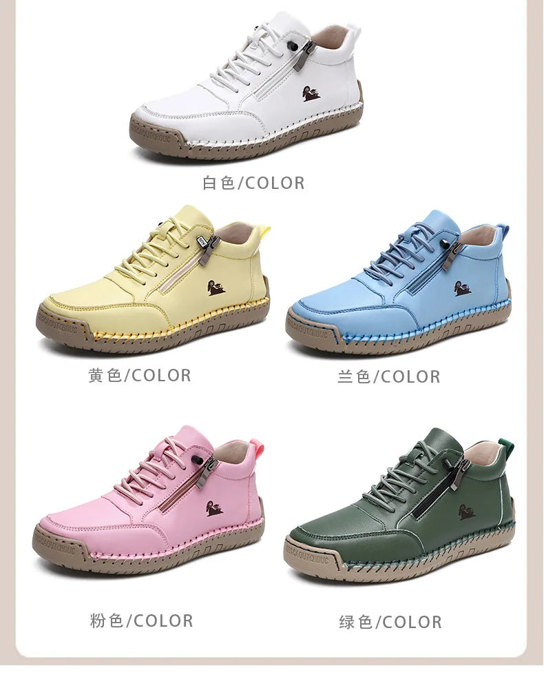 Women Sports Shoes 2026 New Outdoor Hiking Flat Bottomed Comfortable Casual Driving Shoes Soft Sole Zipper Fashion Leather Shoes