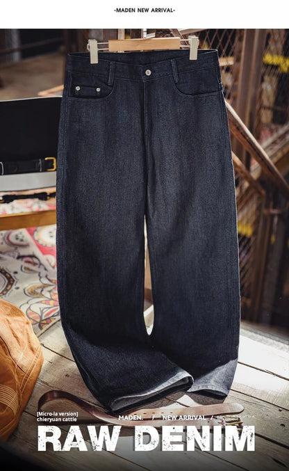 Maden Vintage Men's 15.6oz Selvedge Raw Denim Jeans Wide Leg Trousers with YKK Zipper Fly Straight Fit Jeans for Fall and Winter