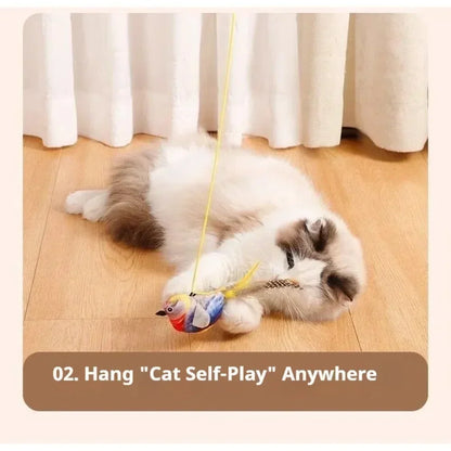 Bird Sound Cat Toy Brown Green Blue Color Options and Combination Set Plush Feather Hanging Teaser for Indoor Cats Chasing Play