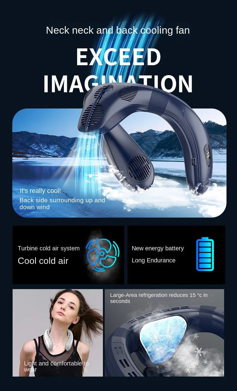 Portable Bladeless Neck Fan with Cooling Plate - Quiet Rechargeable USB Charged Air Conditioner for Travel Camping & Outdoor Adv