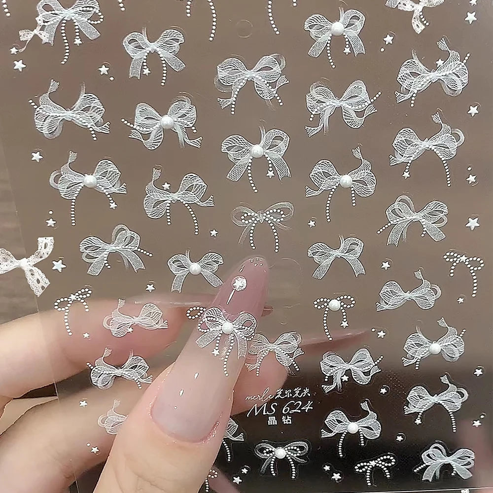 1pcs 5D White Lace Bowknot Nail Art Sticker Sweet Pearl  Bow Ribbon Self-Adhesive Nail Slider DIY Luxury Nail Decorations Decals