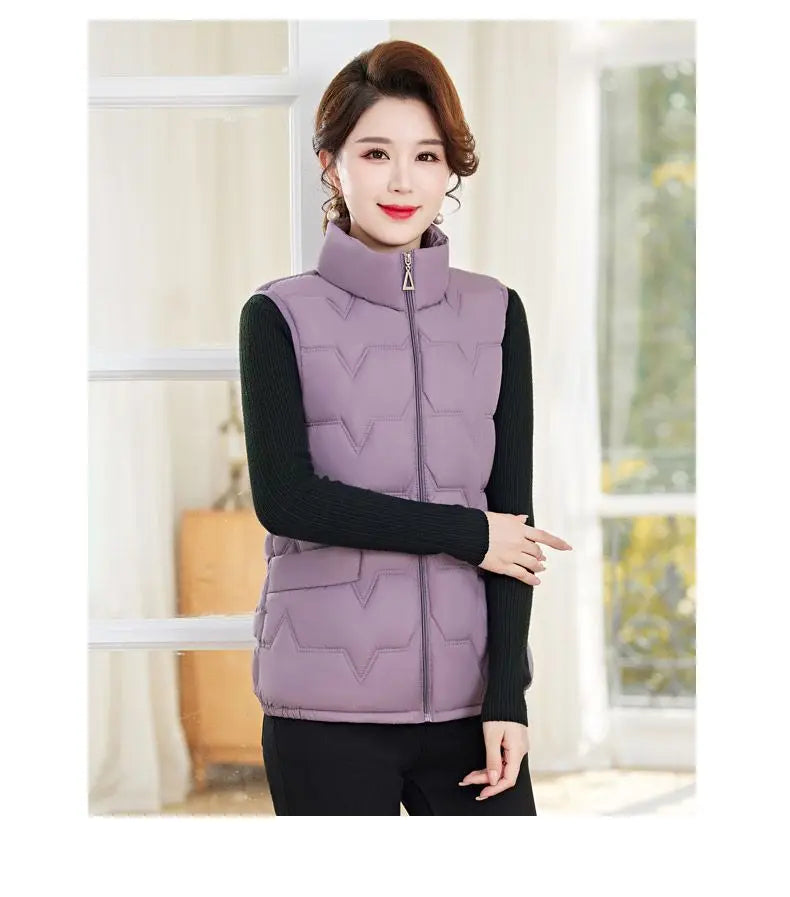 Fashion Women Down Cotton Jackets Vests Solid Stand Collar Zipper Cardigan Thicken Autumn Winter Warm Casual Sleeveless Coats