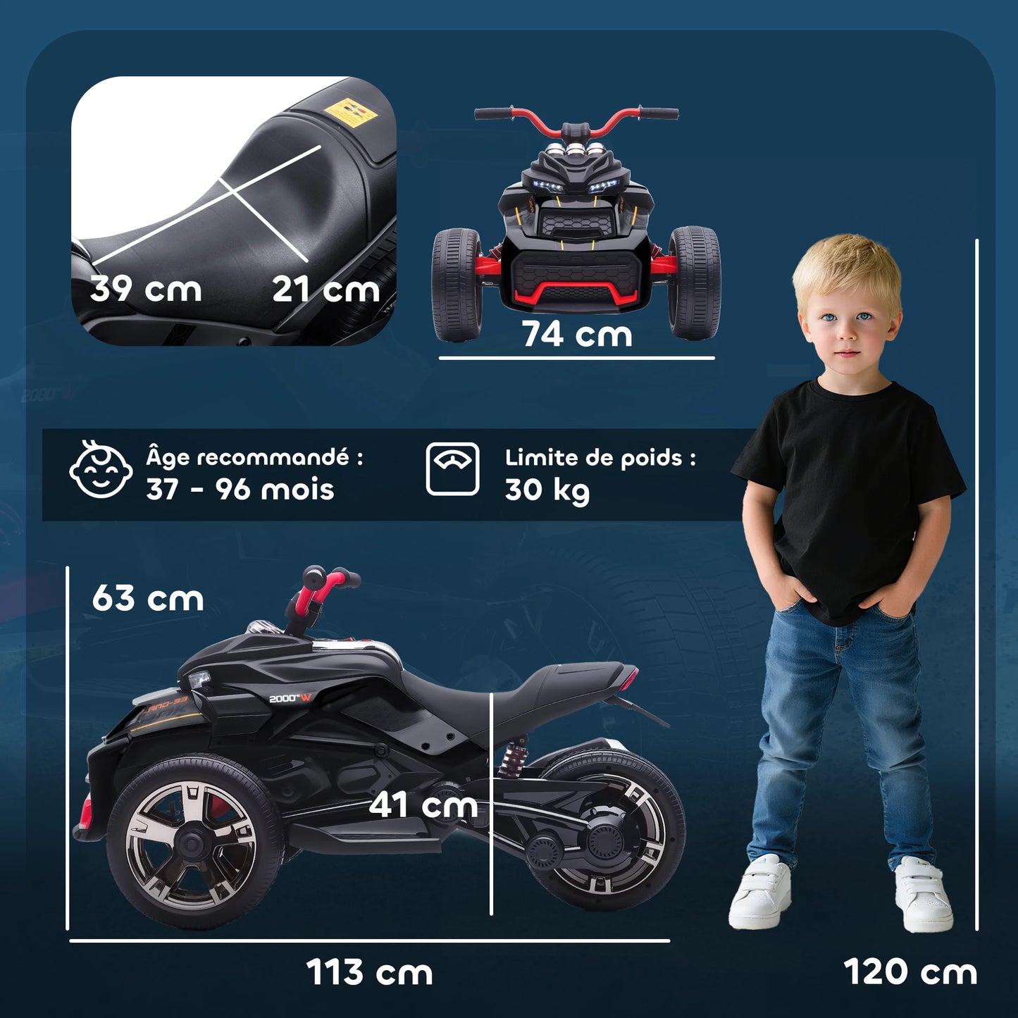 Electric toy car, children’s electric car, 12V, 3 wheels, 2 motors, MP3 player, speaker, 2 speeds, speed 3–5 km/h, black, electric toy car for children, electric pushchair, equestrian pushchair